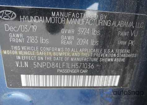 2020 Hyundai Elantra Sel z USA, uszkodzony, nr VIN 5NPD84LF1LH571036